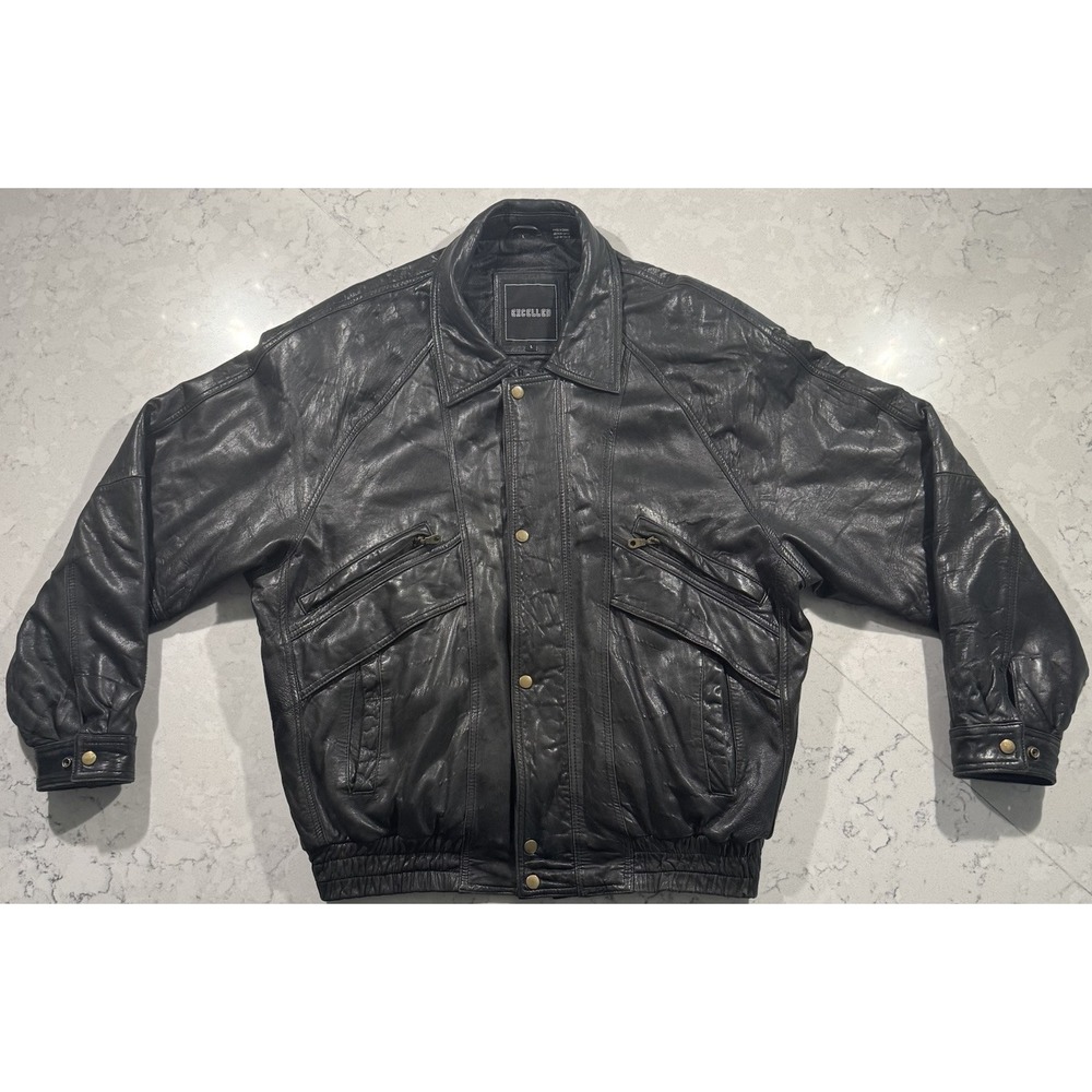 VTG 90s Excelled Leather Bomber Jacket Mens Large Black Aviator Biker Retro Boxy
